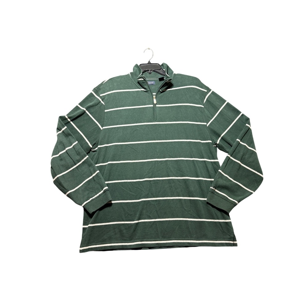 IZOD Quarter Zip Pullover Men XL Green Excellent‎ Horizontal Stripes